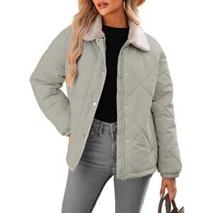 Women's Puffer Jackets Light Gray Coats Long Sleeve Winter Warm Button Outerwear